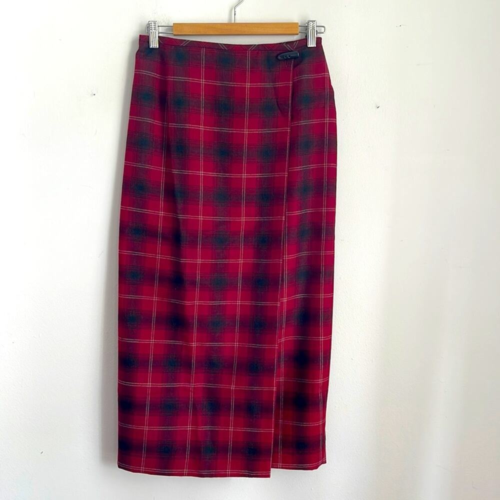 Vintage Liz Claiborne 100% wool wrap around plaid tartan midi blanket skirt 6P